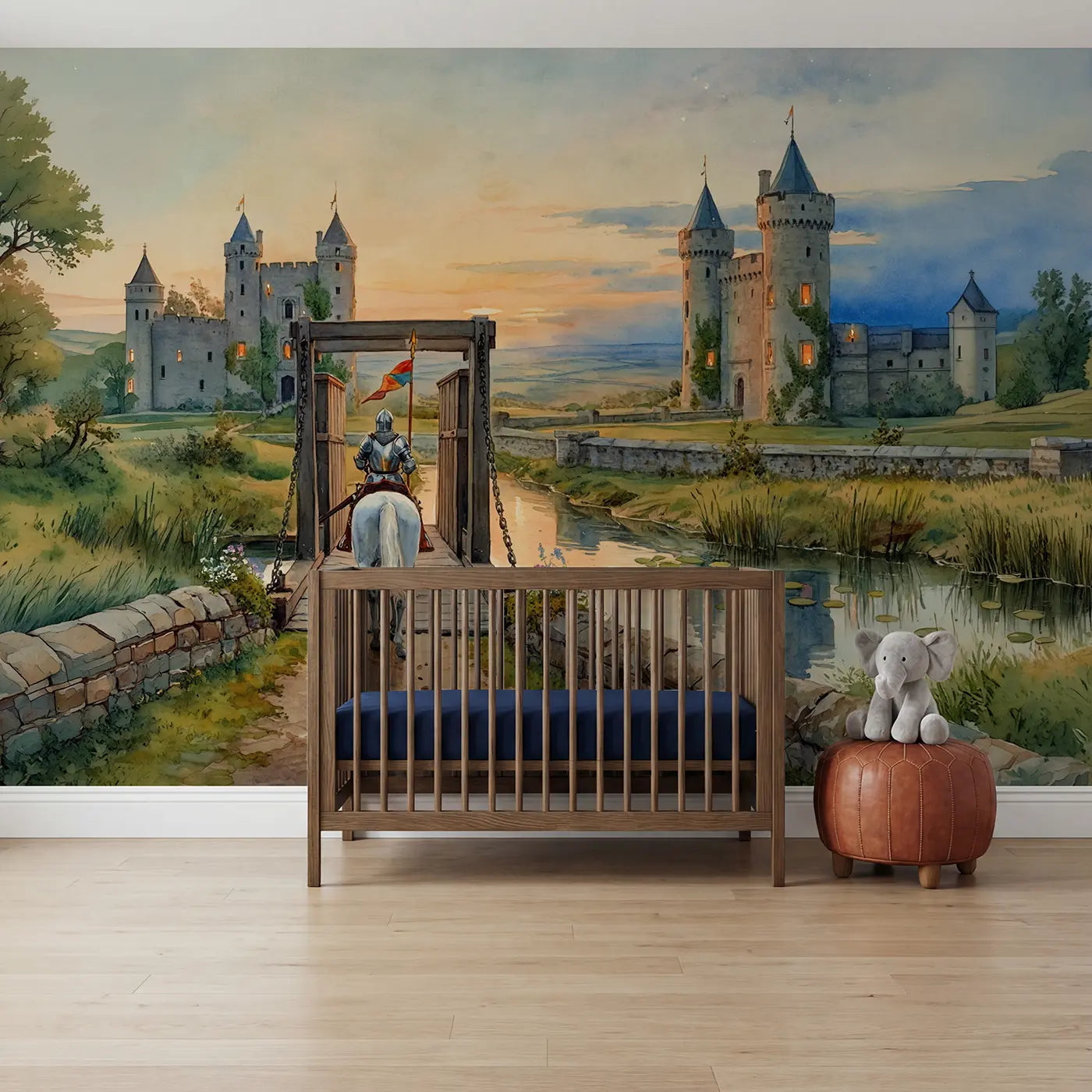 Watercolor knight and castle wallpaper mural for kids room by Whimsy Tots