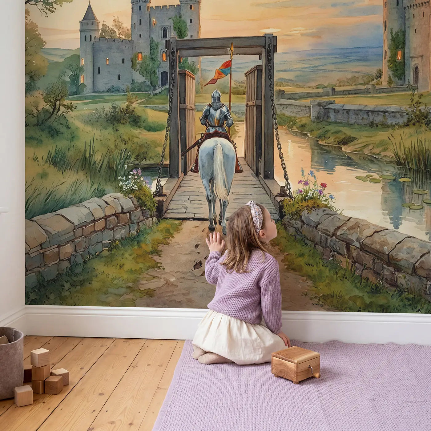 Child in nursery with Knight and Horse at Drawbridge Wallpaper Mural by Whimsy Tots