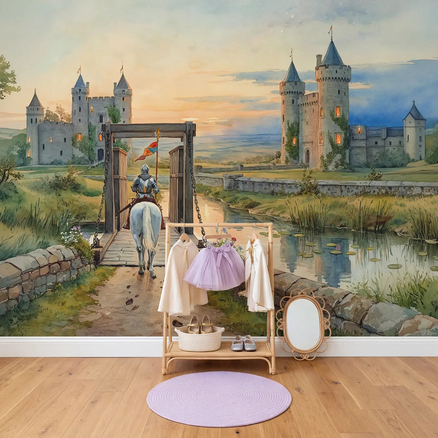 Knight and Horse at Drawbridge Wallpaper Mural in playroom setting by Whimsy Tots