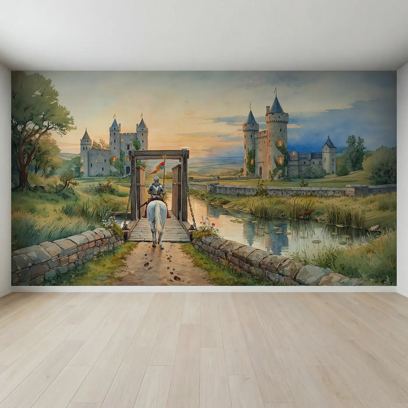 Full view of Knight and Horse at Drawbridge Wallpaper Mural by Whimsy Tots