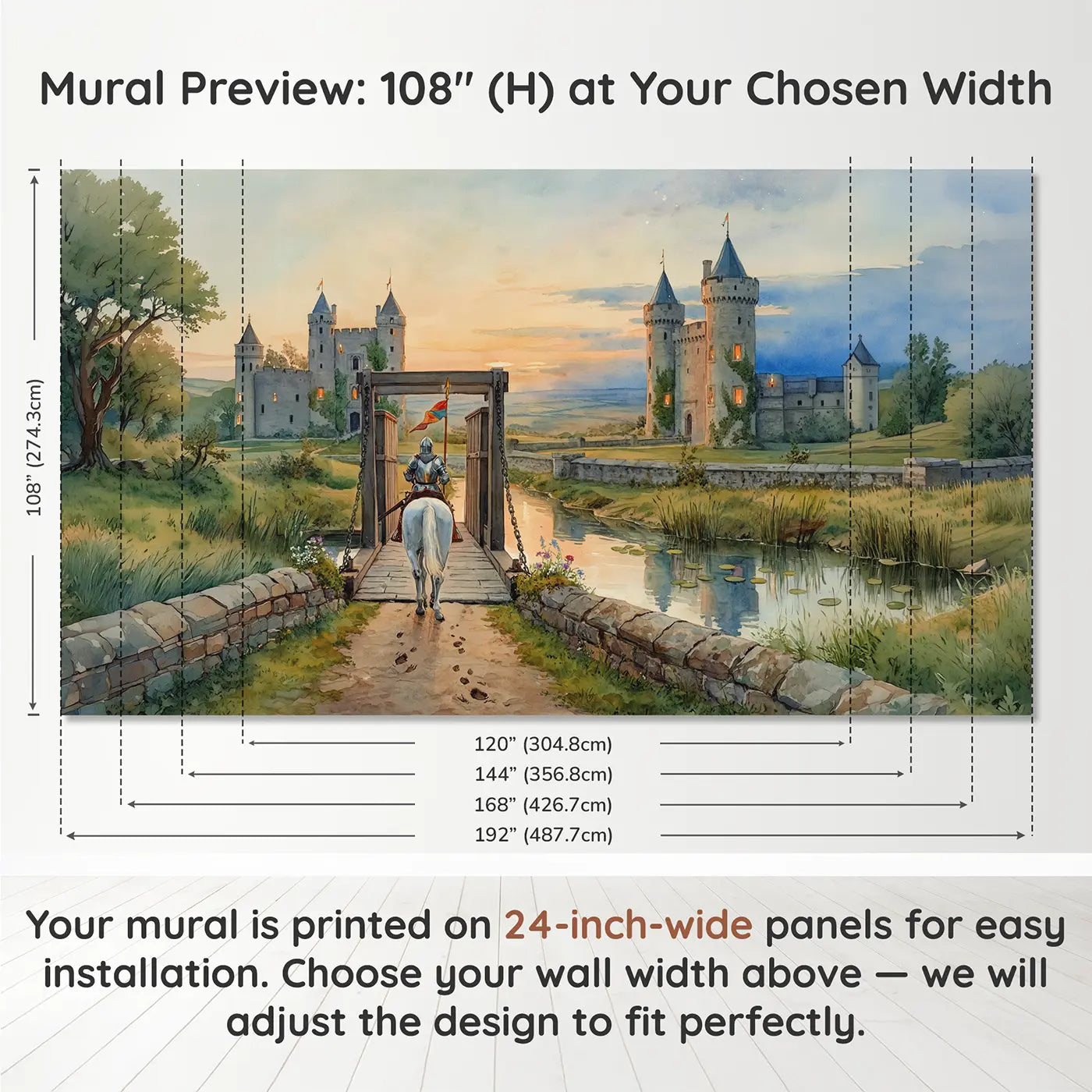 Panel layout and dimensions for Knight and Horse at Drawbridge Wallpaper Mural by Whimsy Tots