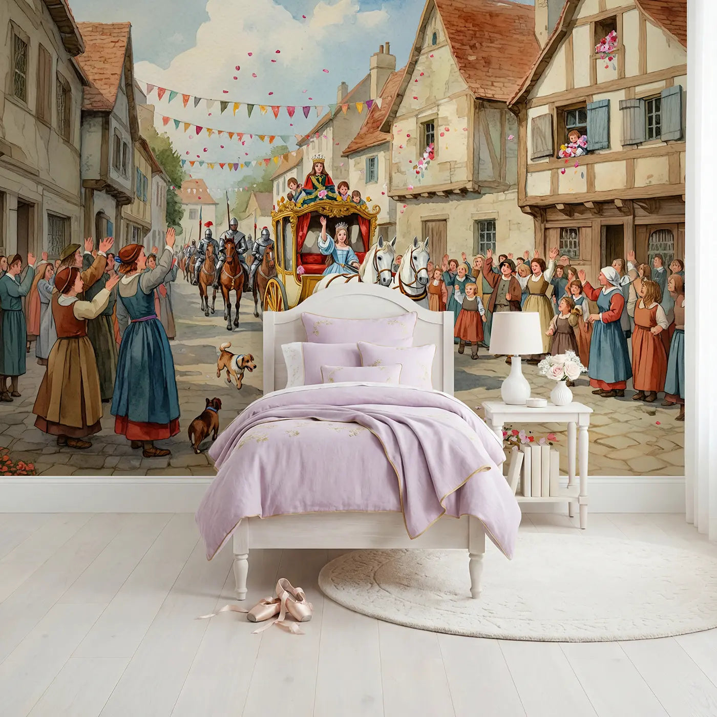 Watercolor royal village procession wallpaper mural for girls room by Whimsy Tots