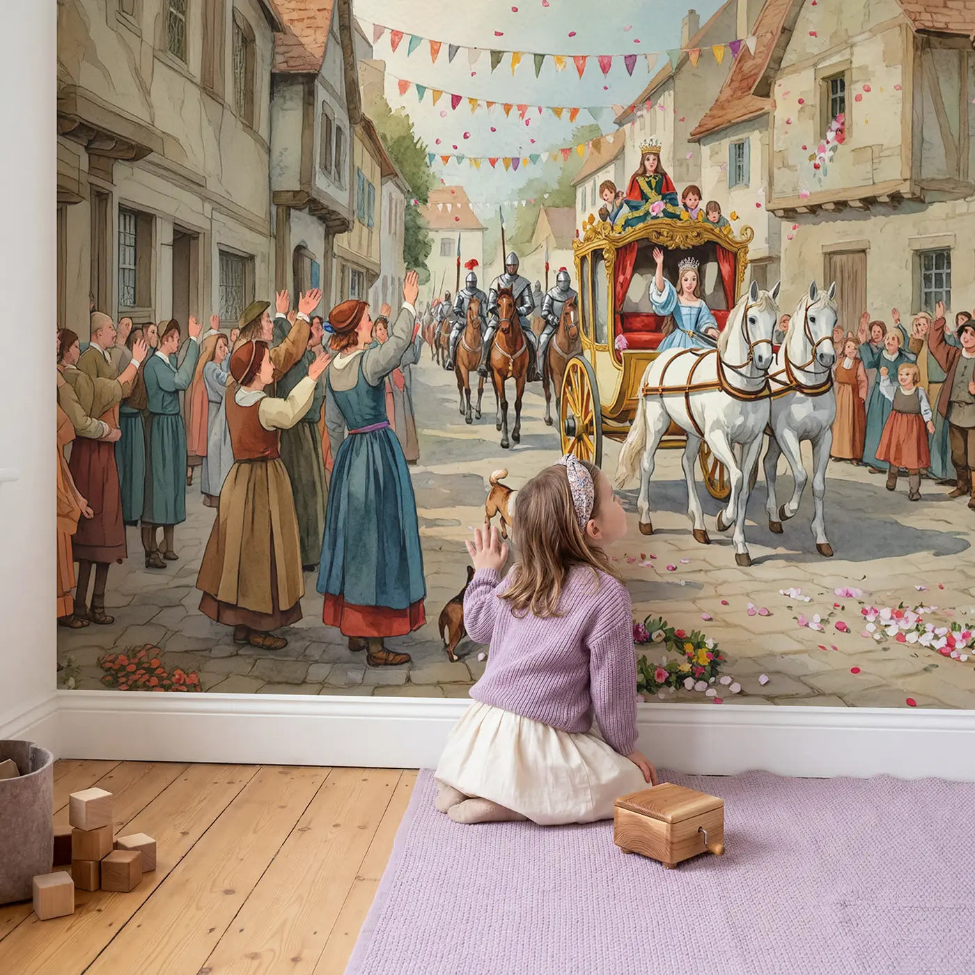 Child in nursery with Royal Village Procession Wallpaper Mural by Whimsy Tots