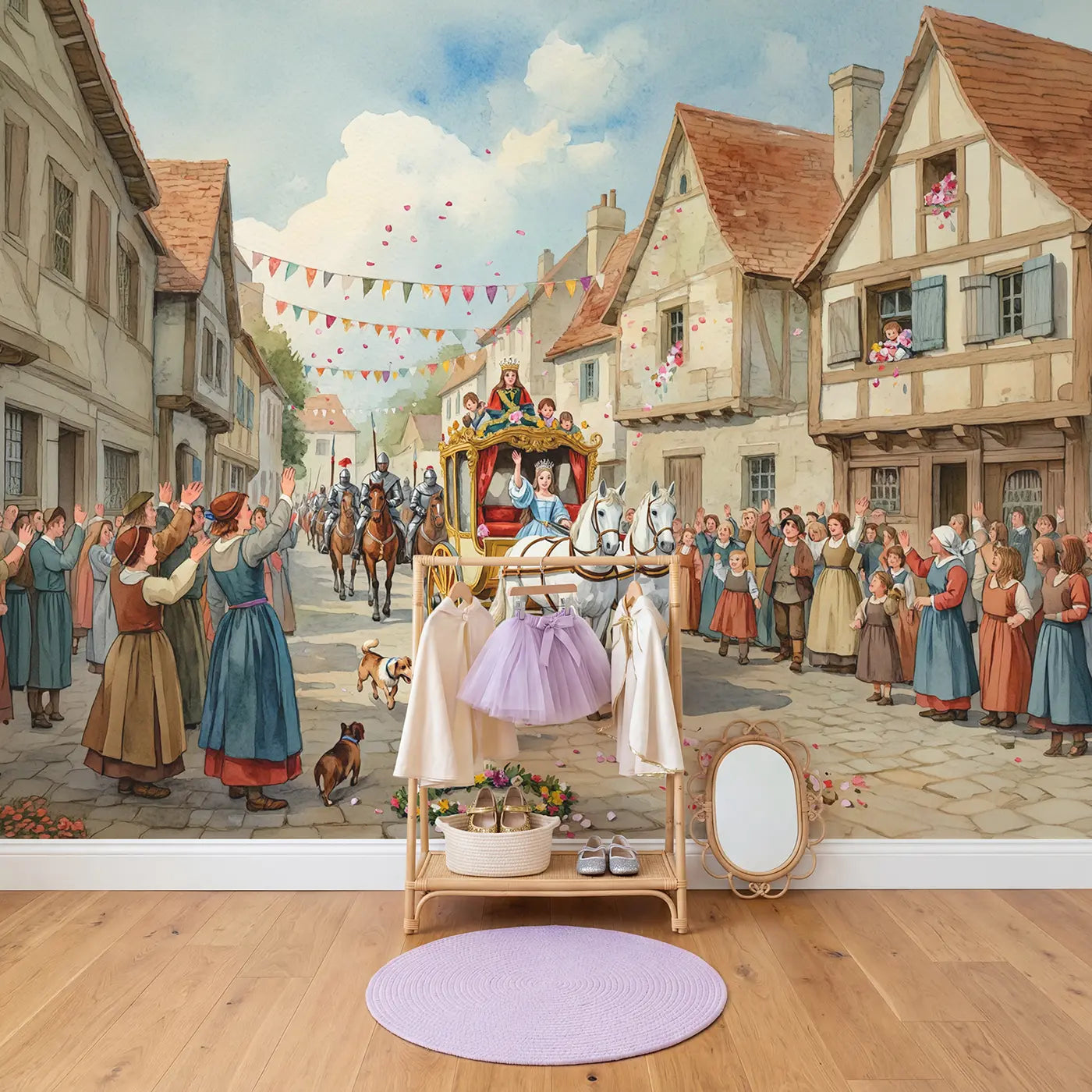 Royal Village Procession Wallpaper Mural in playroom setting by Whimsy Tots