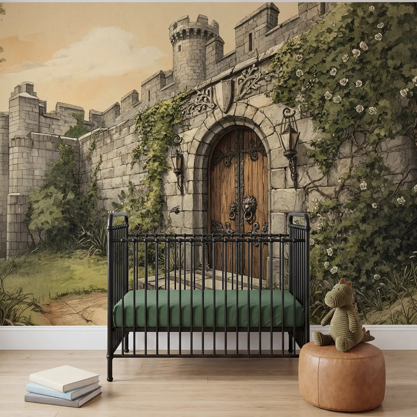 storybook castle door iron knocker wallpaper mural for boys nursery by Whimsy Tots
