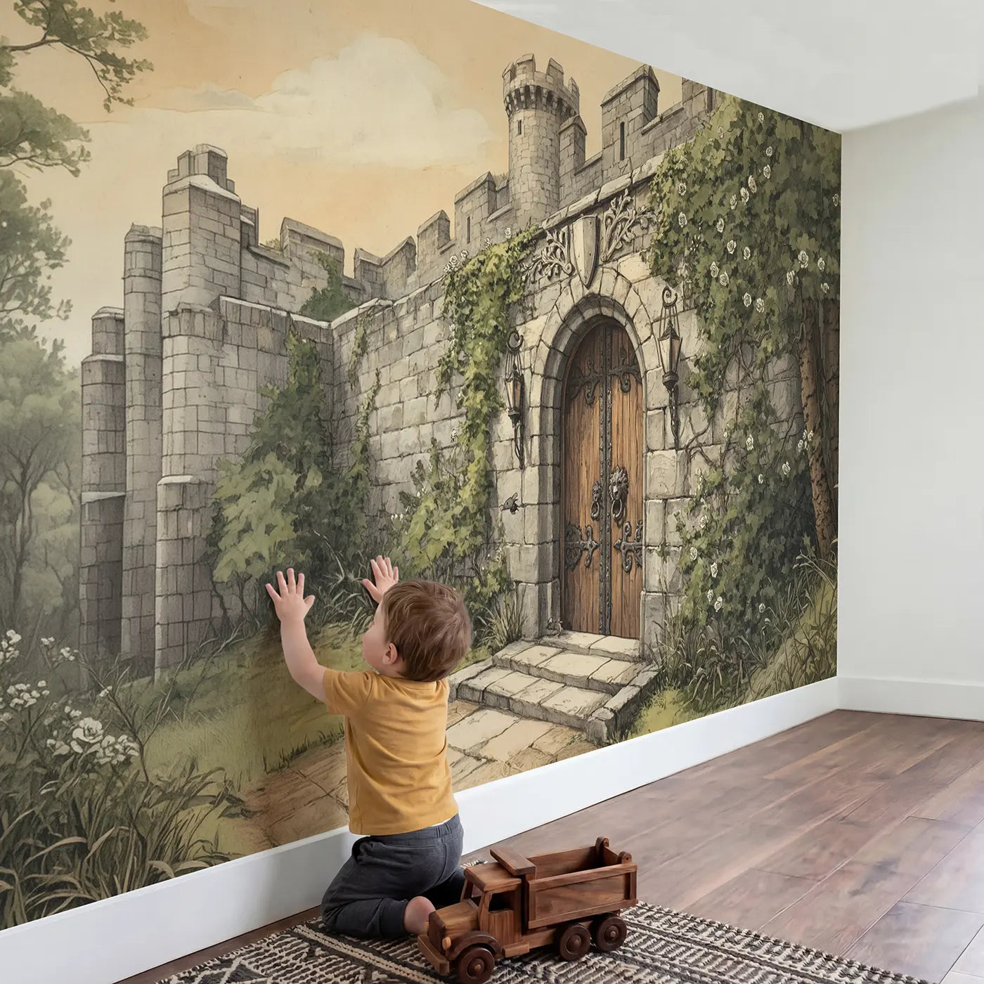 Child in nursery with Castle Door Iron Knocker Wallpaper Mural by Whimsy Tots