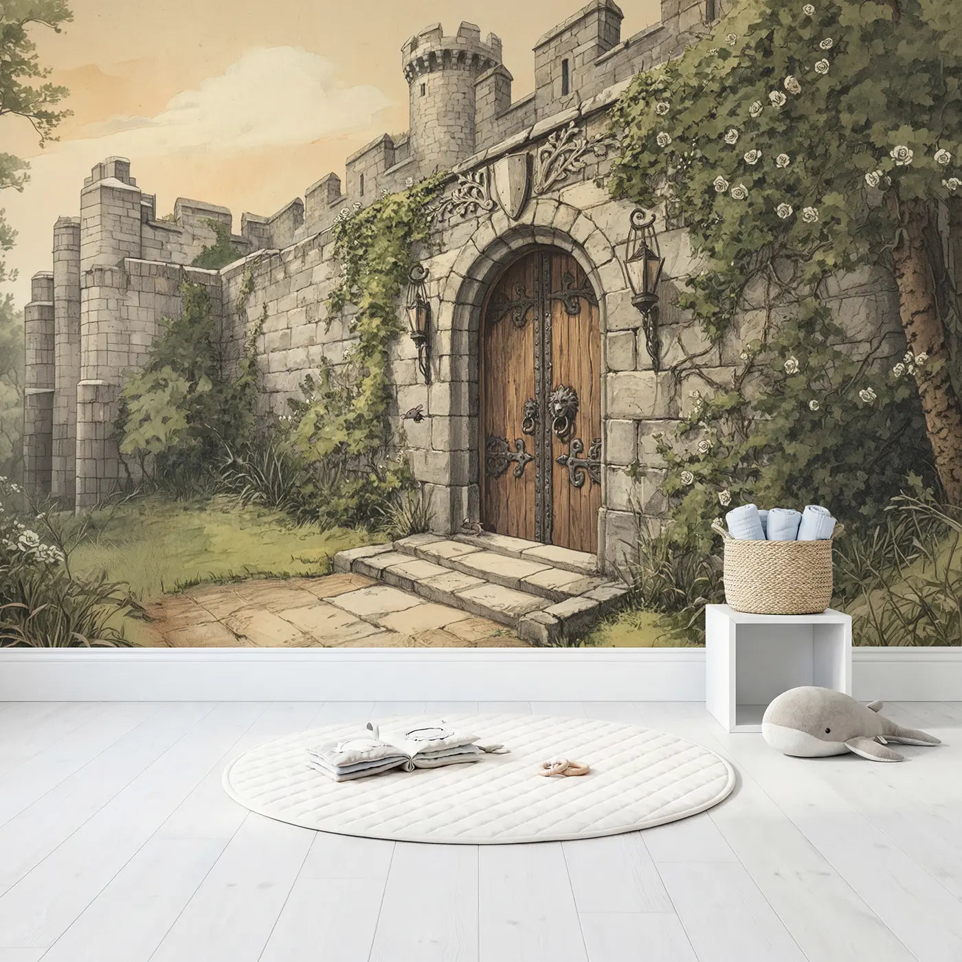 Castle Door Iron Knocker Wallpaper Mural in playroom setting by Whimsy Tots