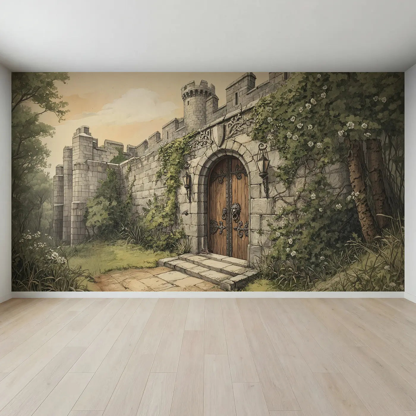 Full view of Castle Door Iron Knocker Wallpaper Mural by Whimsy Tots