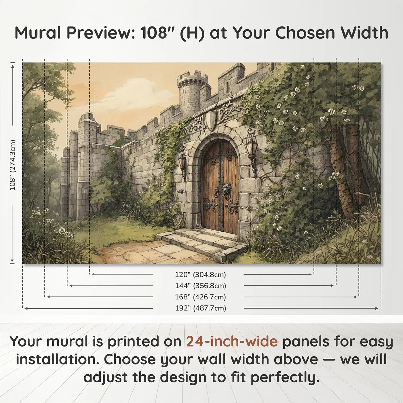 Panel layout and dimensions for Castle Door Iron Knocker Wallpaper Mural by Whimsy Tots