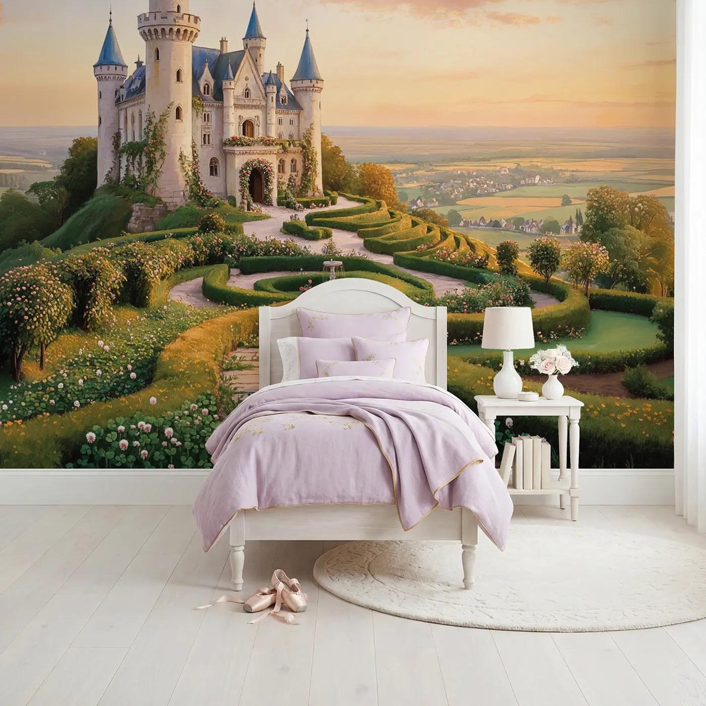 Soft pastel fairy castle hilltop garden wallpaper mural for girls room by Whimsy Tots