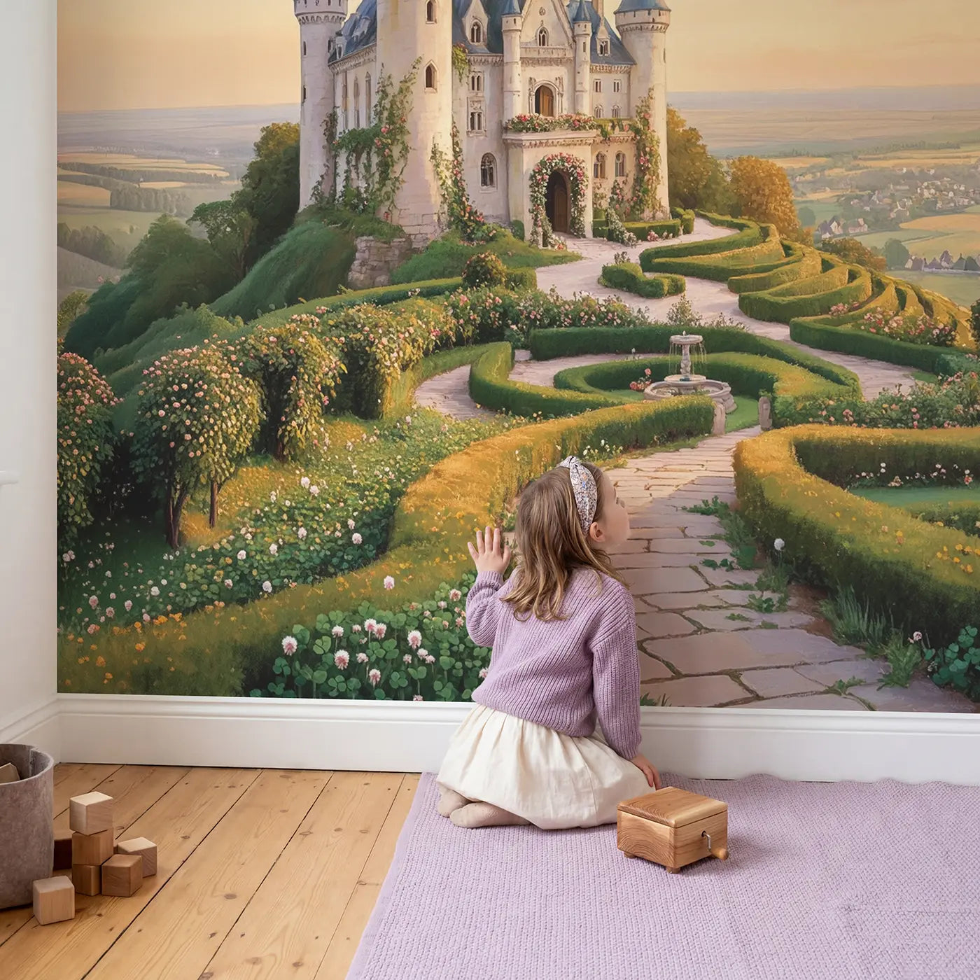 Child in nursery with Hilltop Fairy Castle Wallpaper Mural by Whimsy Tots