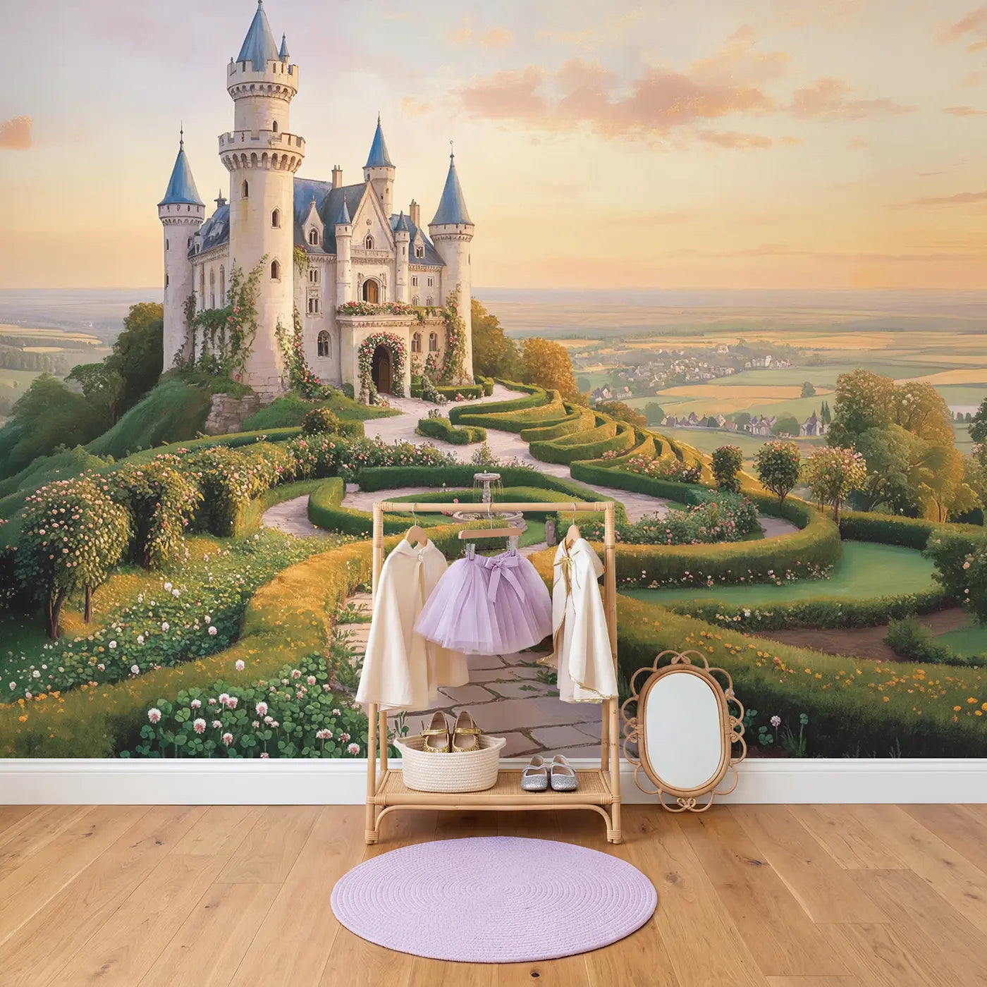 Hilltop Fairy Castle Wallpaper Mural in playroom setting by Whimsy Tots