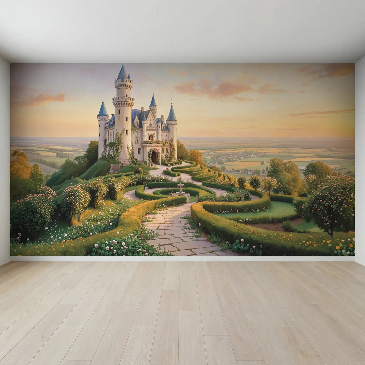 Full view of Hilltop Fairy Castle Wallpaper Mural by Whimsy Tots