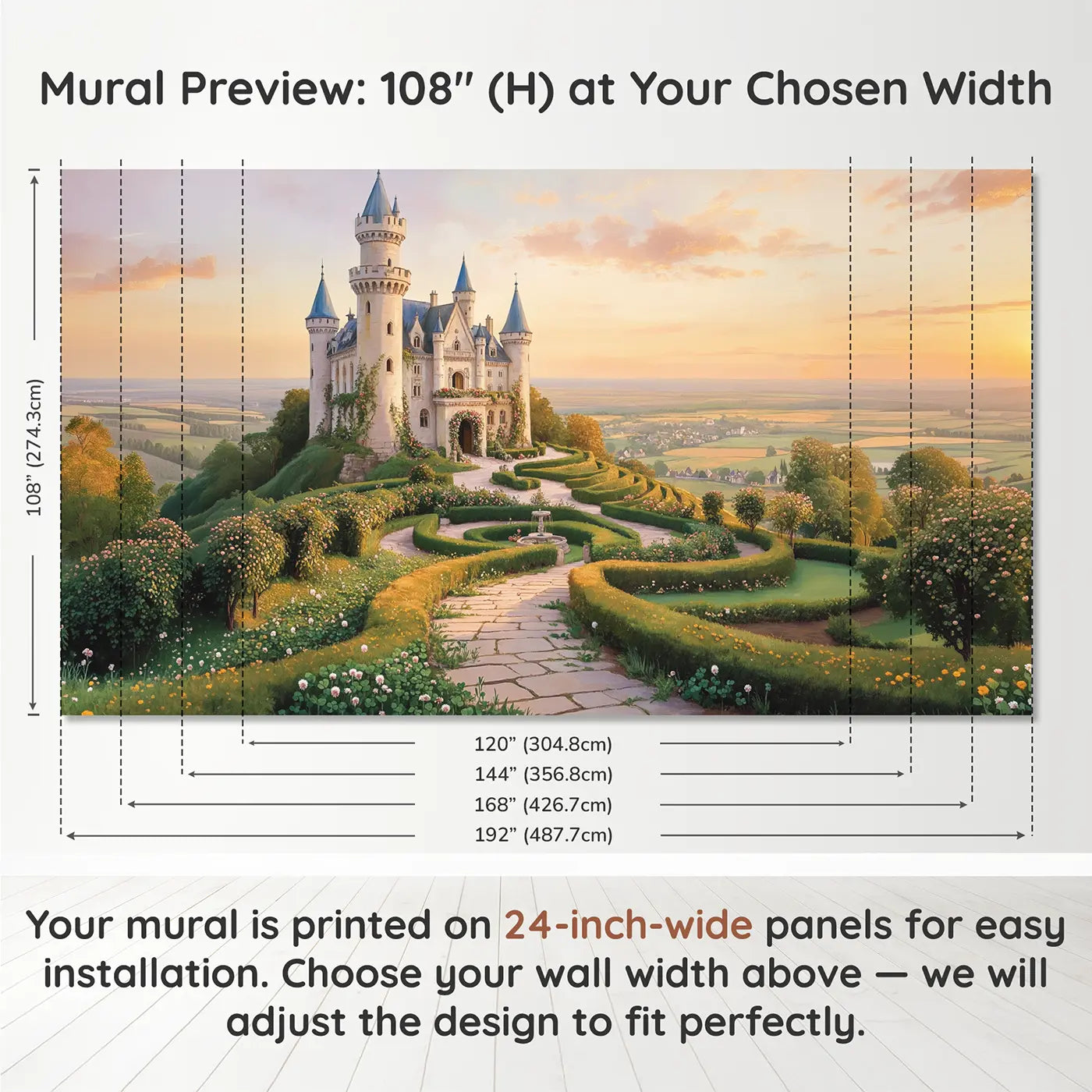 Panel layout and dimensions for Hilltop Fairy Castle Wallpaper Mural by Whimsy Tots
