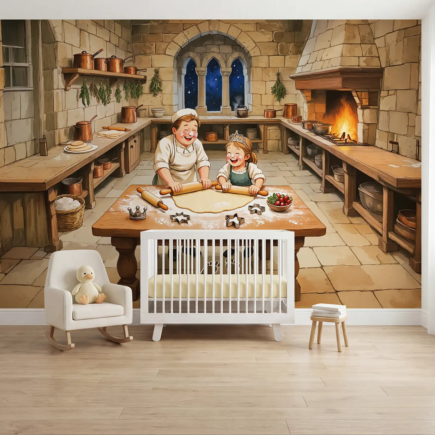 Soft pastel princess castle wallpaper mural for nursery by Whimsy Tots
