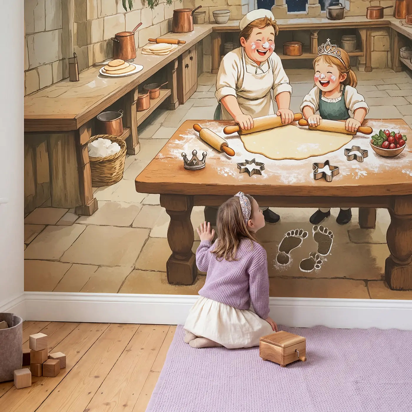 Child in nursery with Royal Kitchen Baking Day Wallpaper Mural by Whimsy Tots