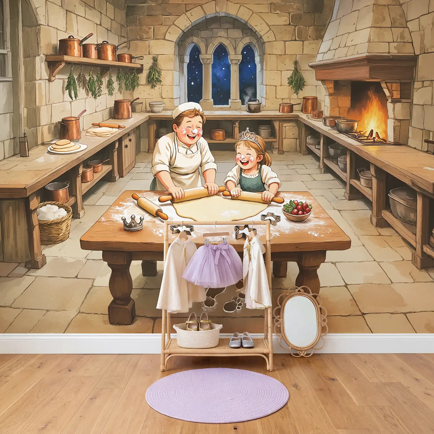 Royal Kitchen Baking Day Wallpaper Mural in playroom setting by Whimsy Tots