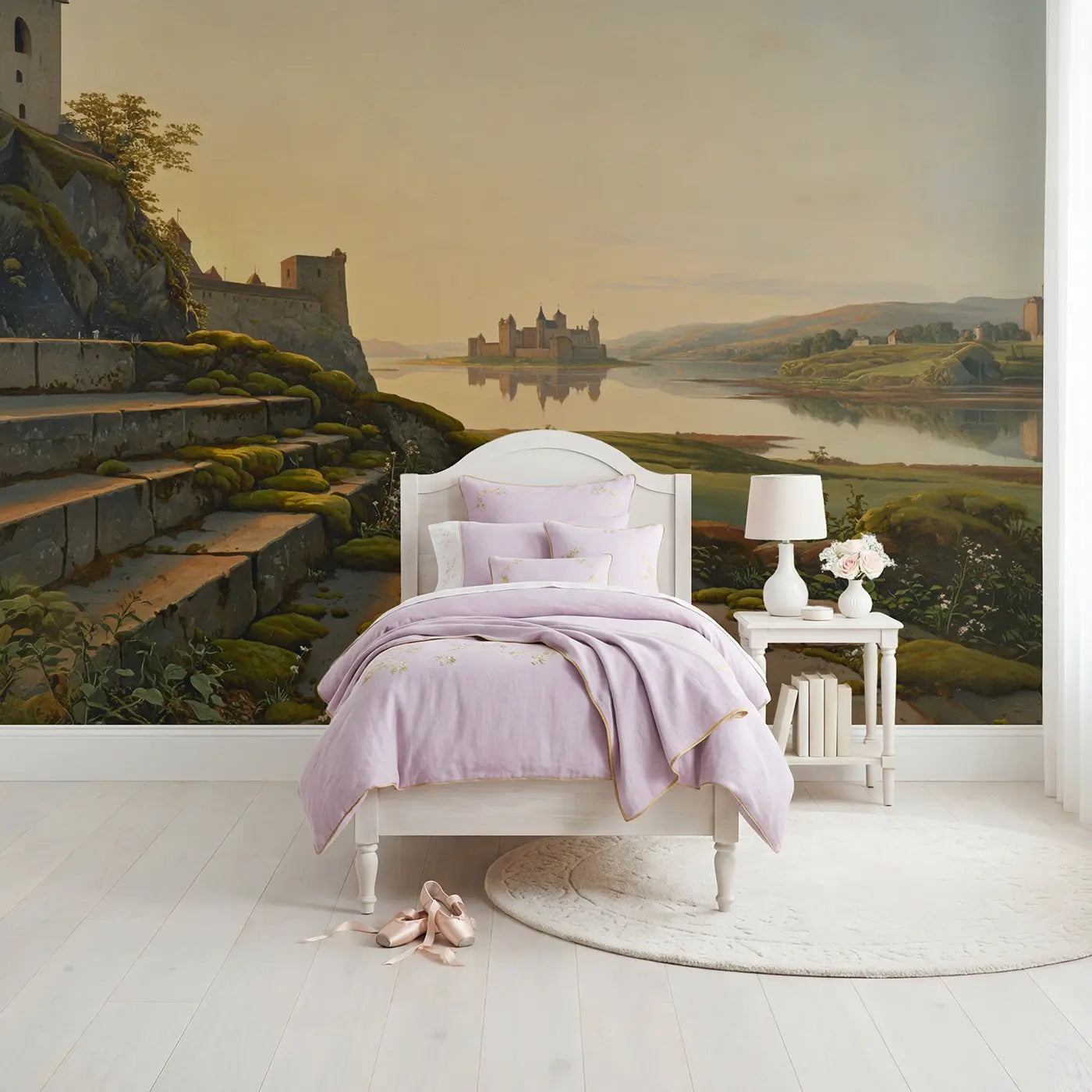 illustrated island castle calm water wallpaper mural for kids room by Whimsy Tots