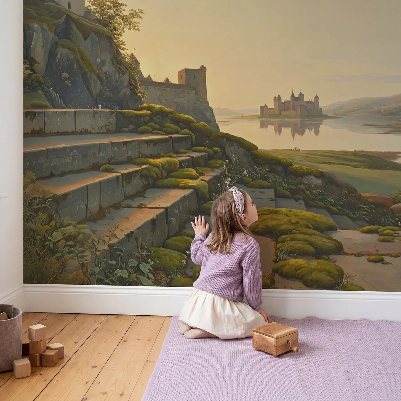 Child in nursery with Island Castle Surrounded Calm Wallpaper Mural by Whimsy Tots