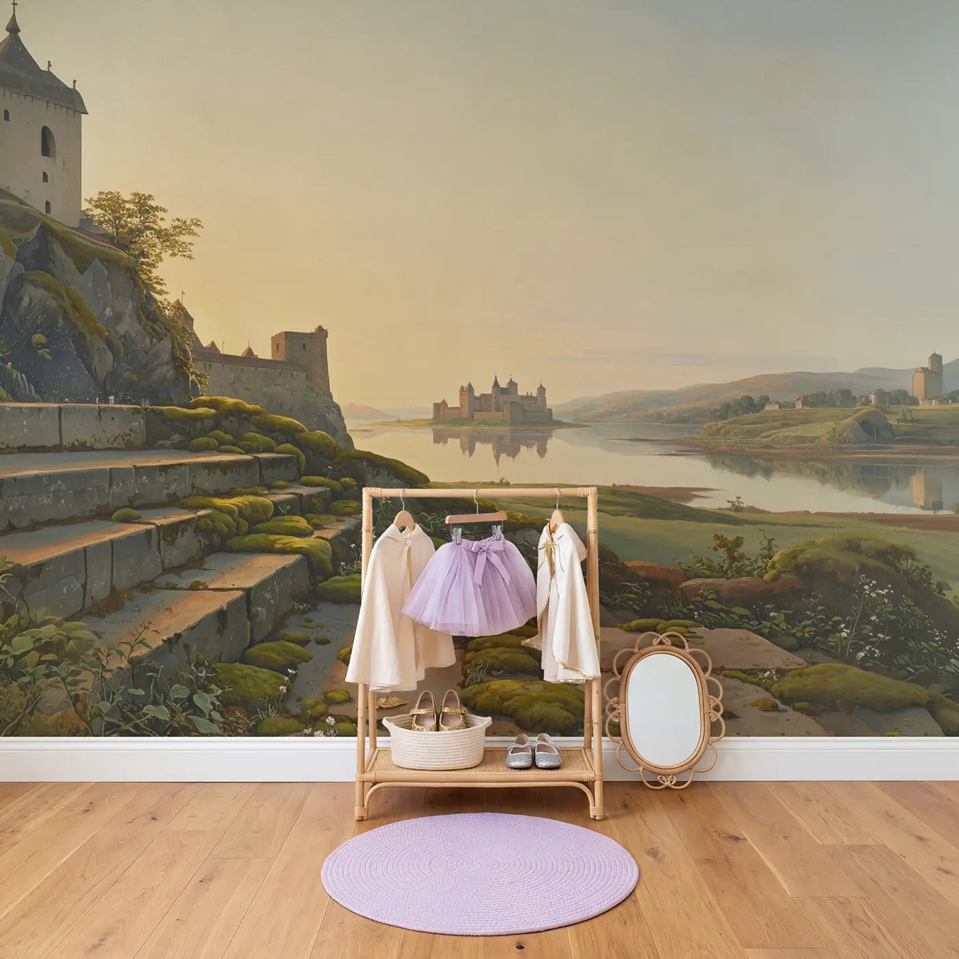 Island Castle Surrounded Calm Wallpaper Mural in playroom setting by Whimsy Tots