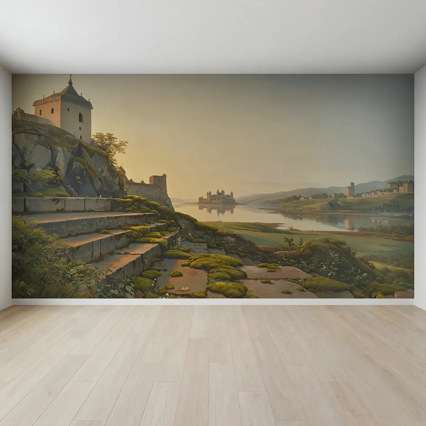 Full view of Island Castle Surrounded Calm Wallpaper Mural by Whimsy Tots
