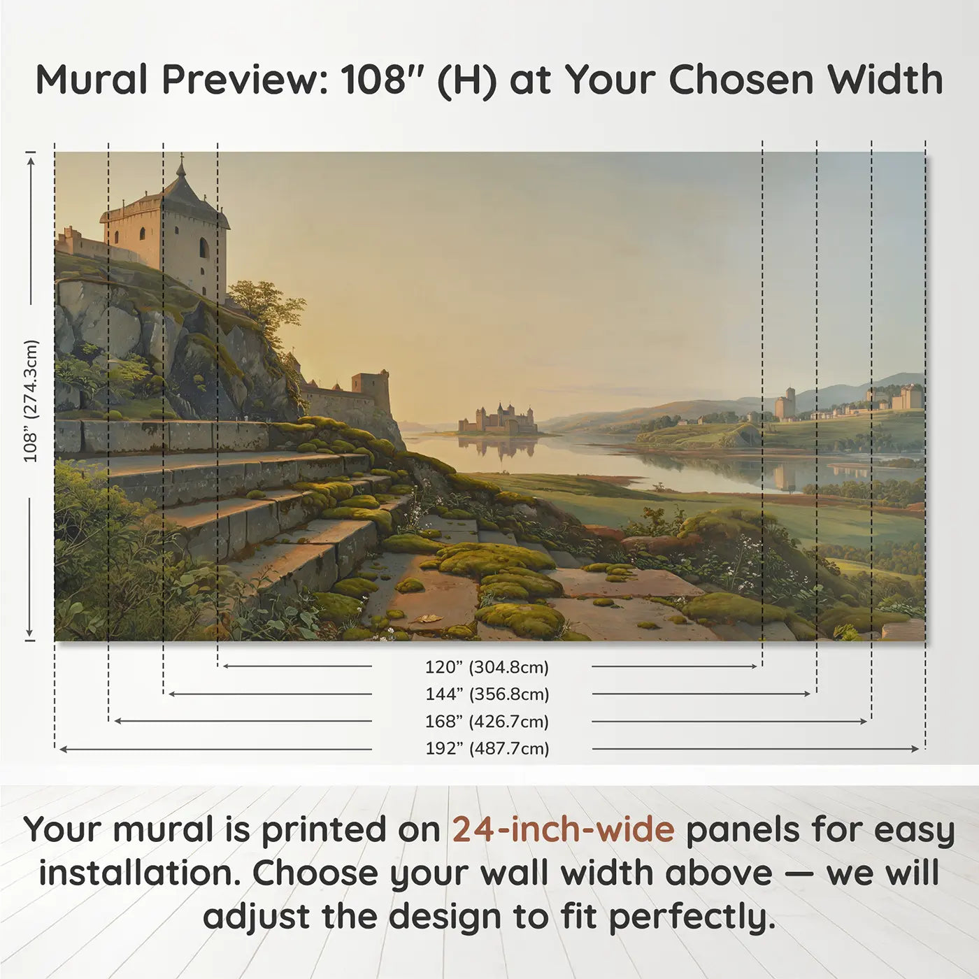Panel layout and dimensions for Island Castle Surrounded Calm Wallpaper Mural by Whimsy Tots