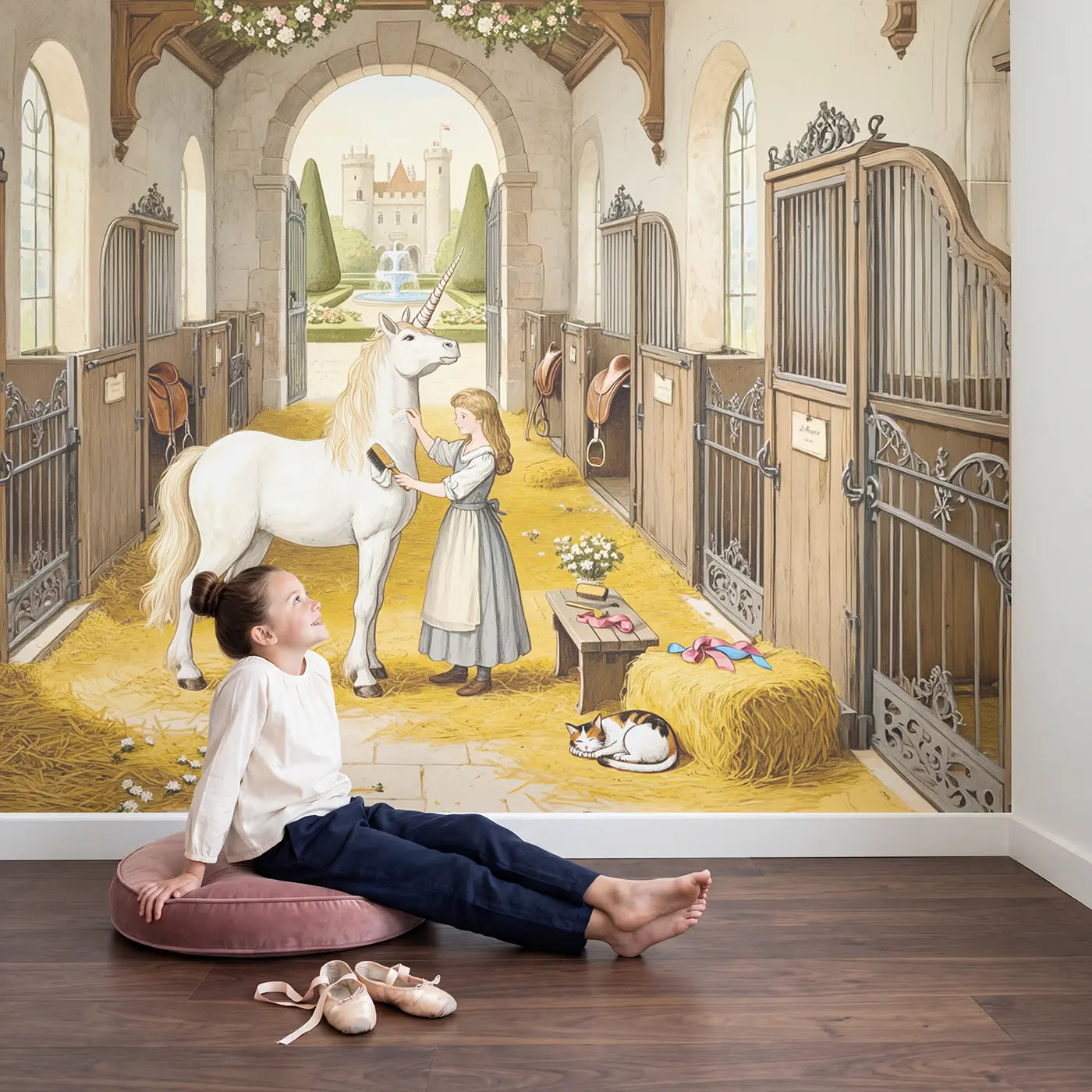 Child in nursery with Princess Grooming Unicorn Stable Wallpaper Mural by Whimsy Tots