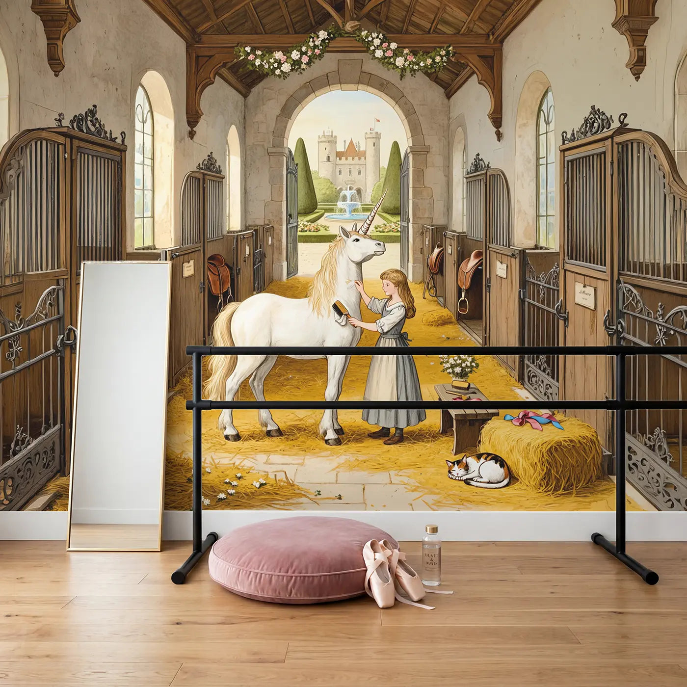 Princess Grooming Unicorn Stable Wallpaper Mural in playroom setting by Whimsy Tots