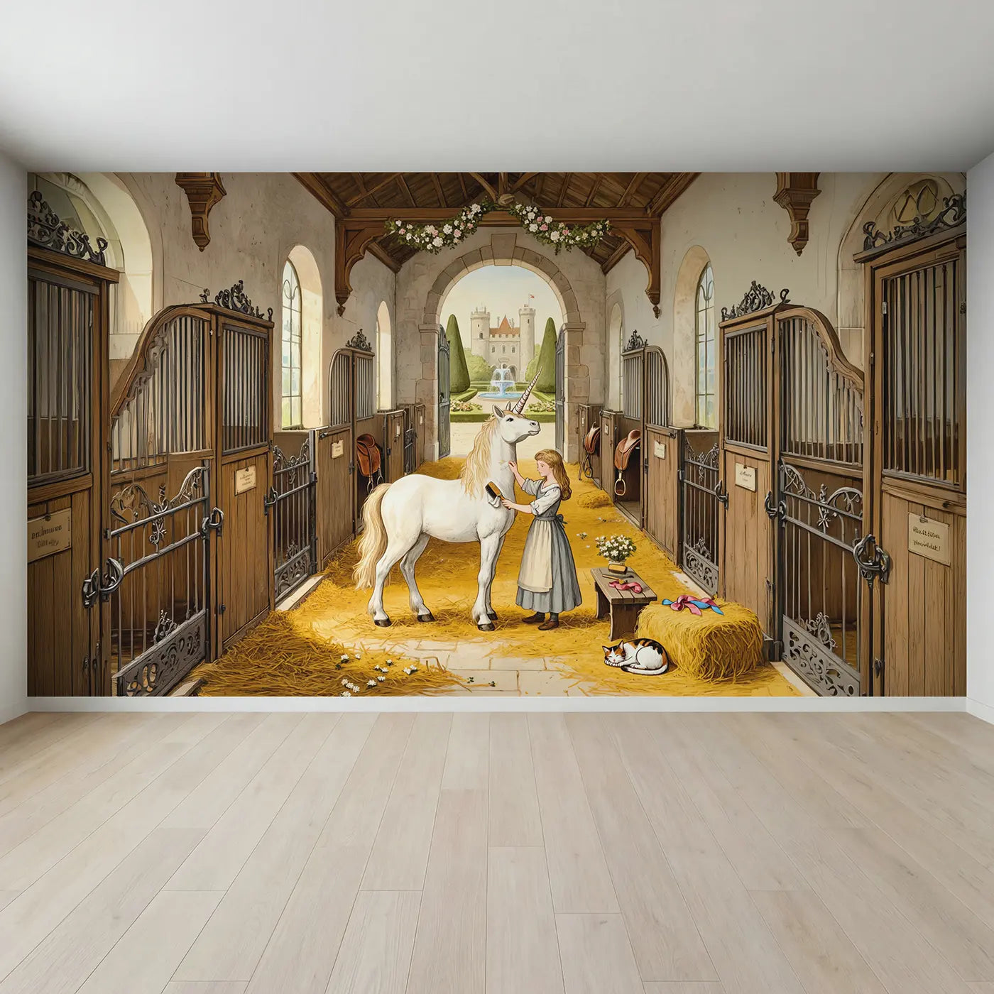 Full view of Princess Grooming Unicorn Stable Wallpaper Mural by Whimsy Tots