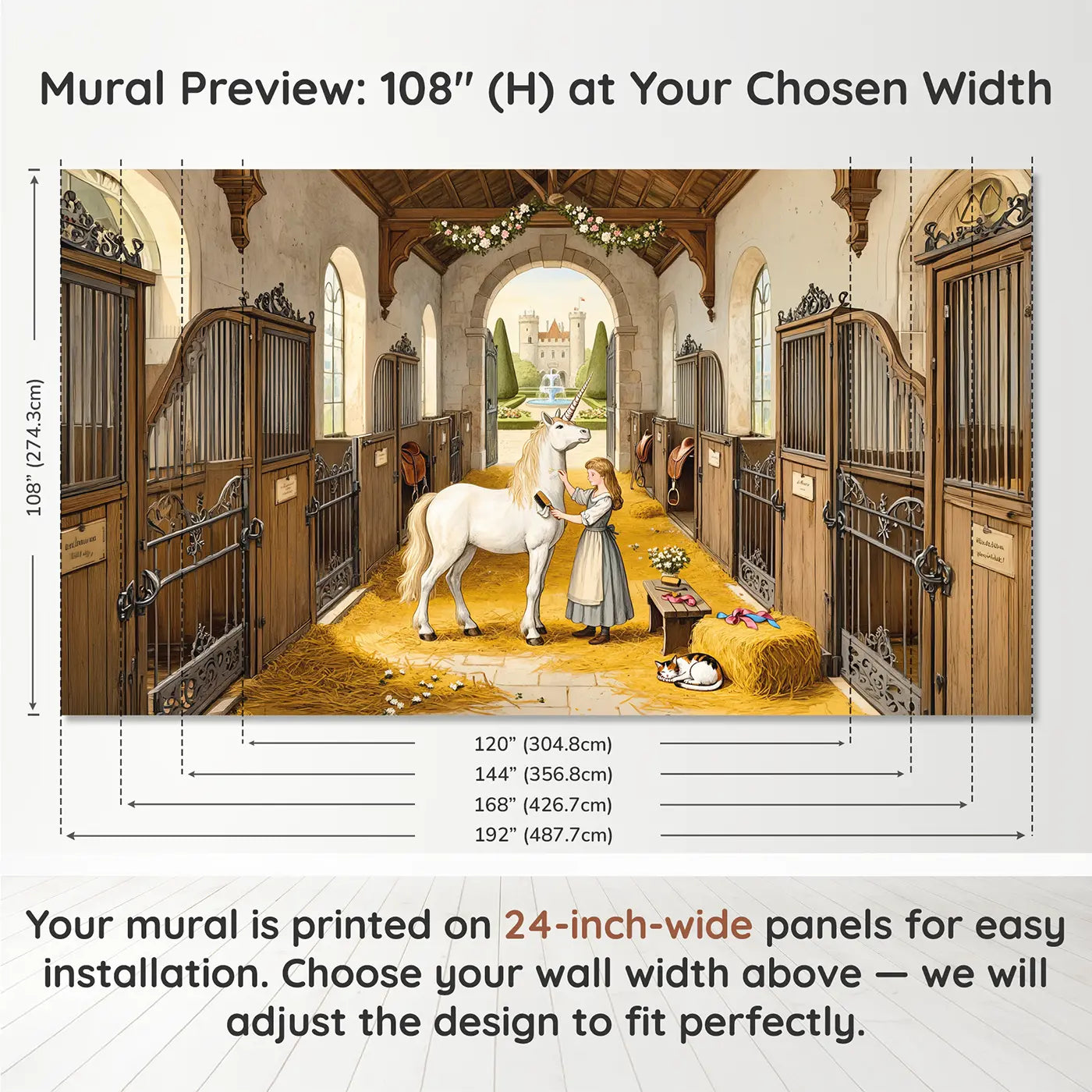 Panel layout and dimensions for Princess Grooming Unicorn Stable Wallpaper Mural by Whimsy Tots