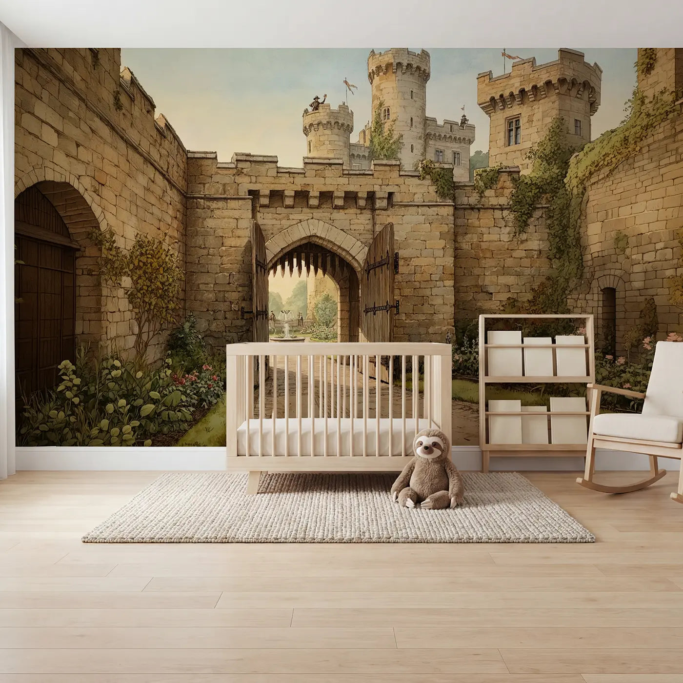 Storybook castle gate portcullis morning wallpaper mural for kids room by Whimsy Tots