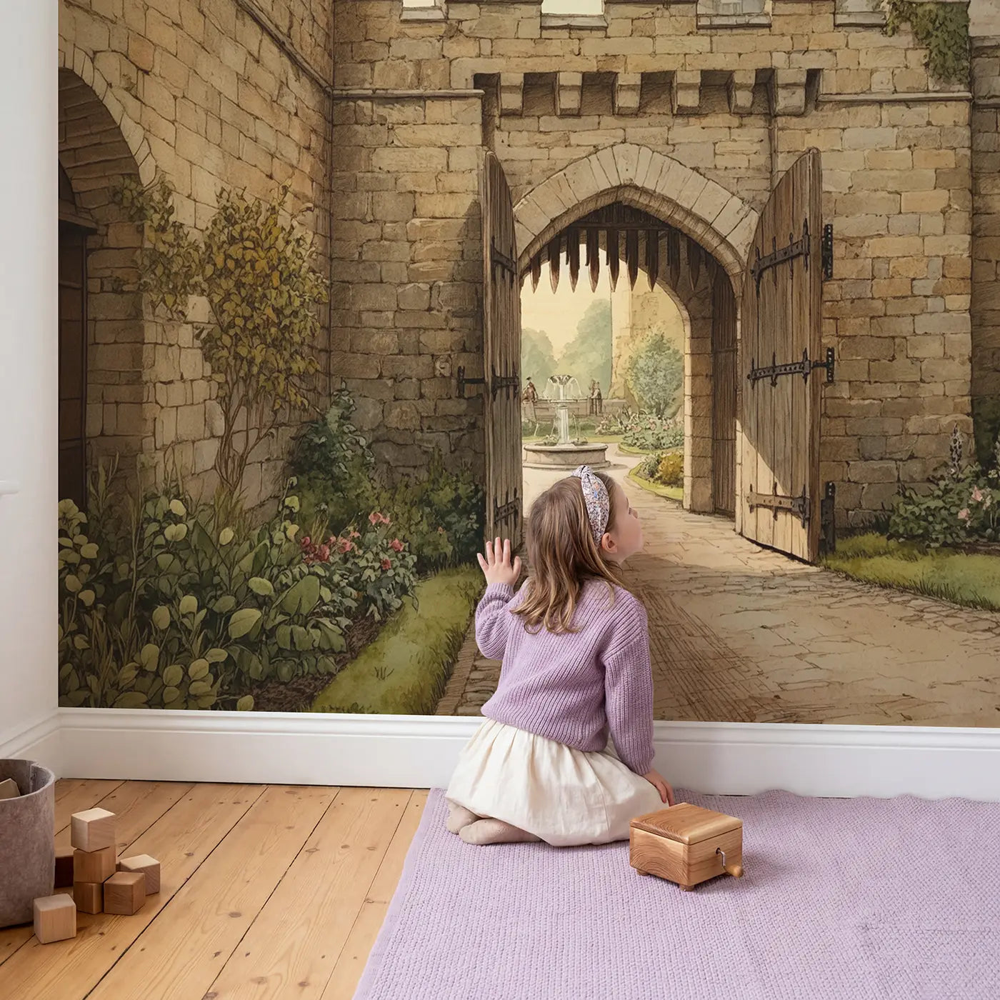 Child in nursery with Castle Gate Portcullis Morning Wallpaper Mural by Whimsy Tots