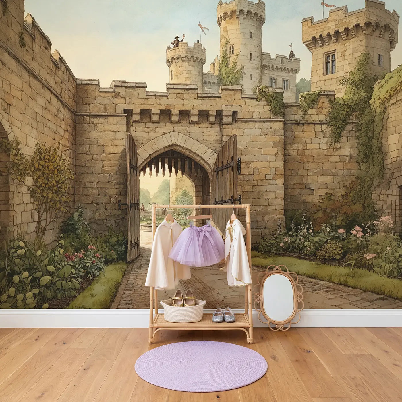 Castle Gate Portcullis Morning Wallpaper Mural in playroom setting by Whimsy Tots