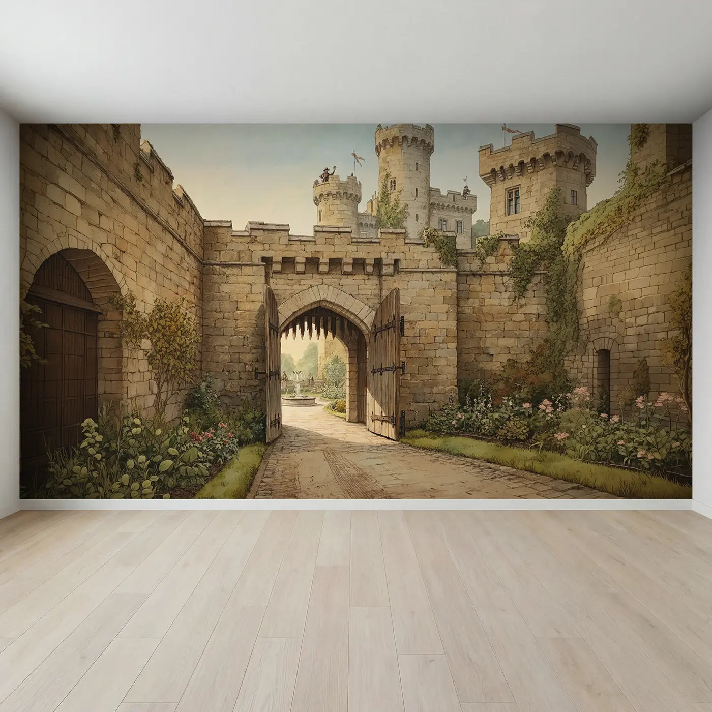 Full view of Castle Gate Portcullis Morning Wallpaper Mural by Whimsy Tots
