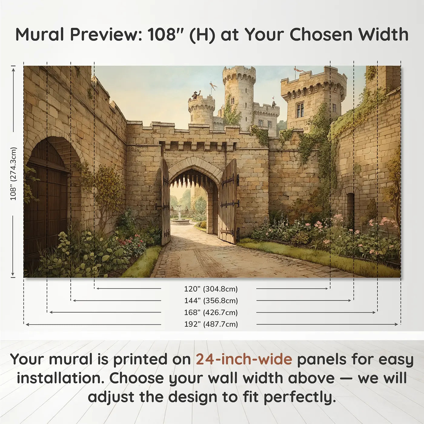 Panel layout and dimensions for Castle Gate Portcullis Morning Wallpaper Mural by Whimsy Tots