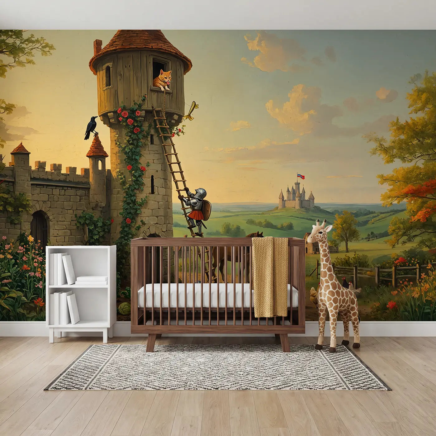 Painted Landscape knight cat rescue tower wallpaper mural for kids room by Whimsy Tots