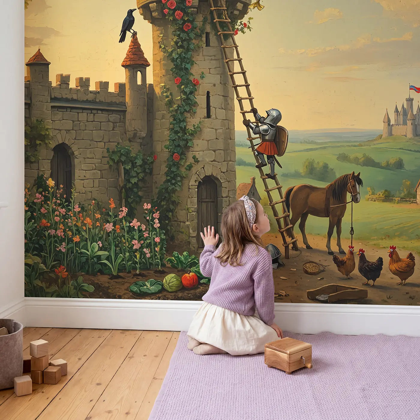 Child in nursery with Knight Cat Rescue Tower Wallpaper Mural by Whimsy Tots