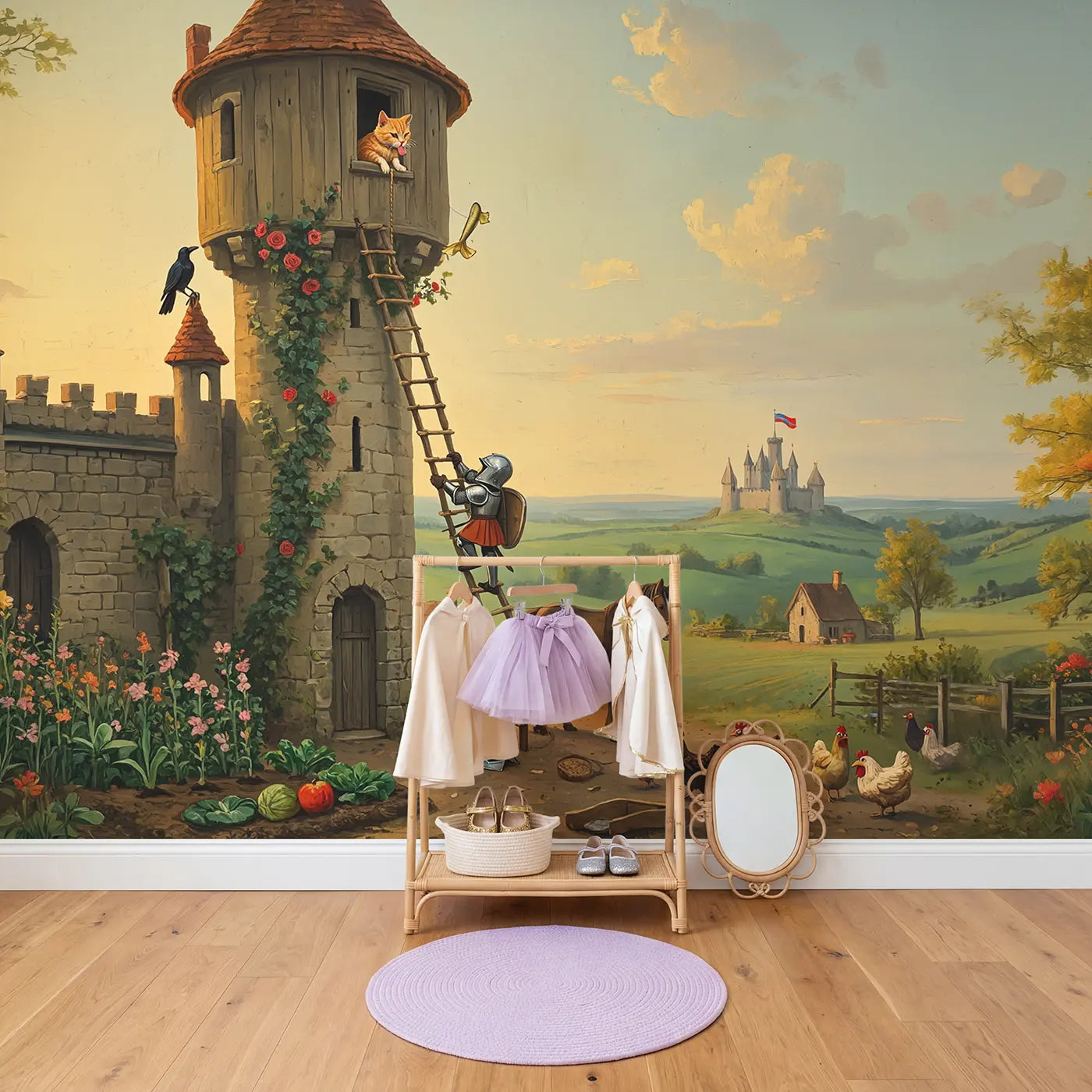 Knight Cat Rescue Tower Wallpaper Mural in playroom setting by Whimsy Tots