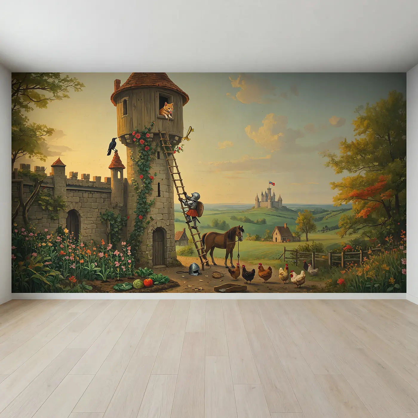Full view of Knight Cat Rescue Tower Wallpaper Mural by Whimsy Tots