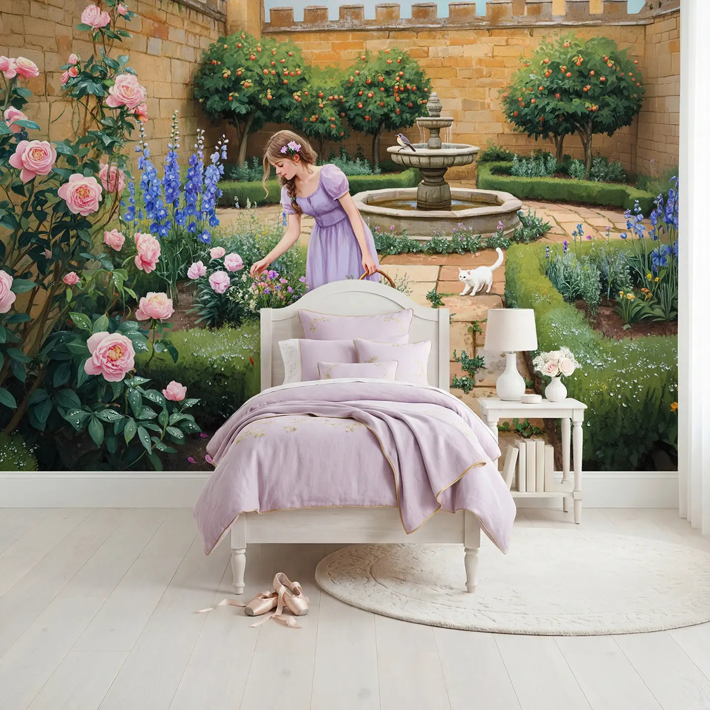 Soft pastel princess castle garden fountain wallpaper mural for girls room by Whimsy Tots