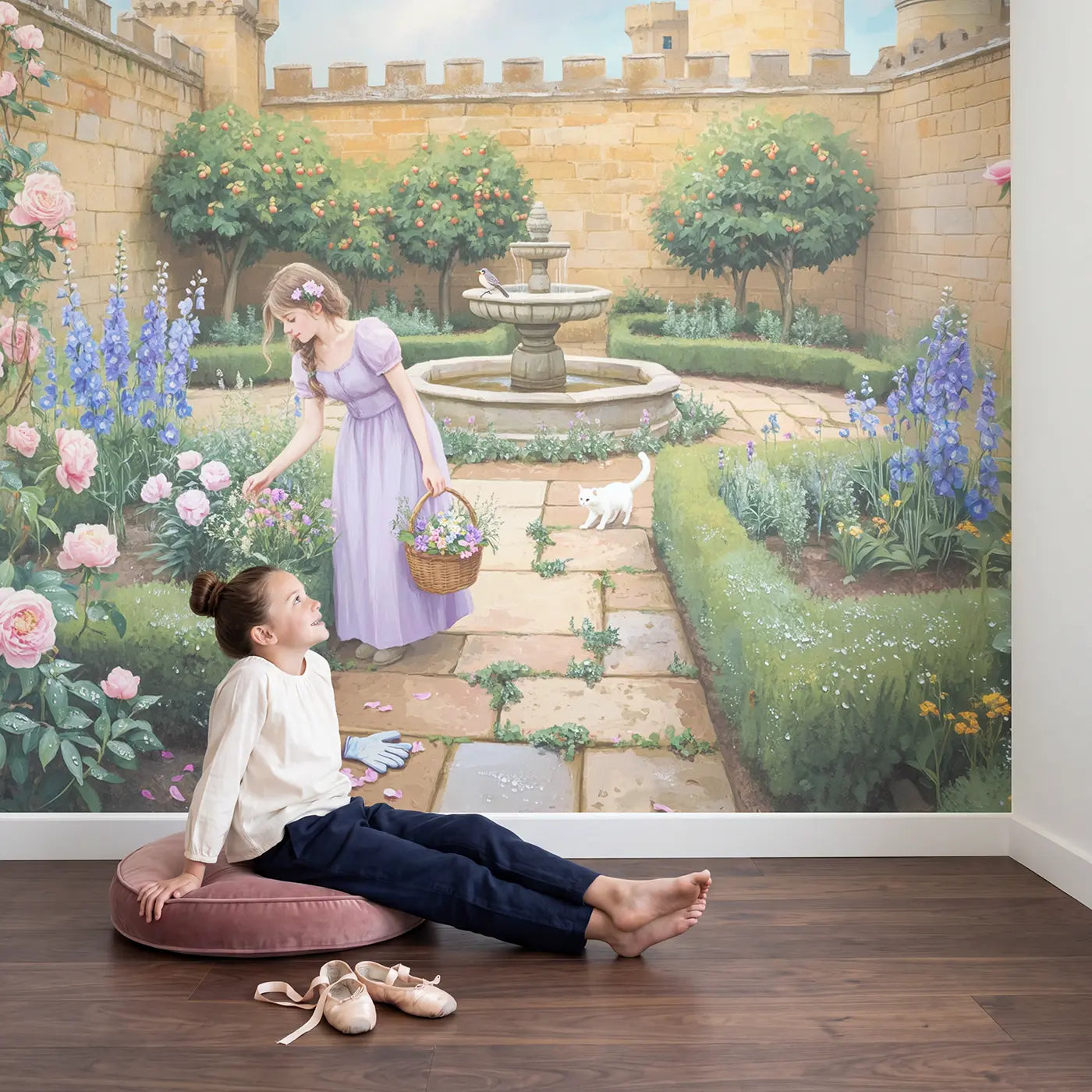Child in nursery with Princess Castle Garden Morning Wallpaper Mural by Whimsy Tots