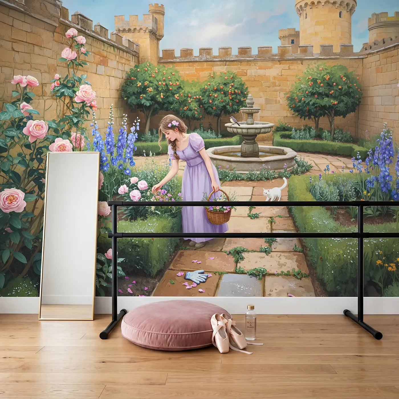 Princess Castle Garden Morning Wallpaper Mural in playroom setting by Whimsy Tots