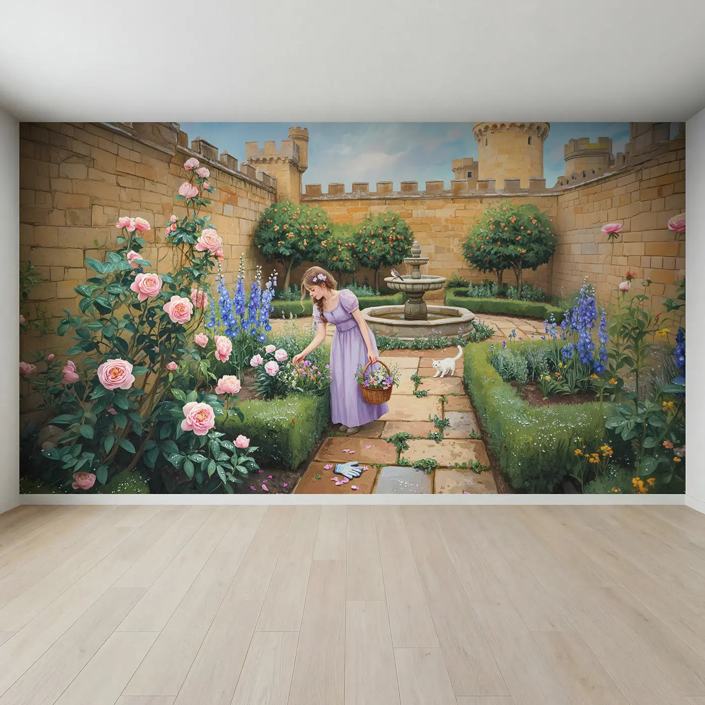 Full view of Princess Castle Garden Morning Wallpaper Mural by Whimsy Tots