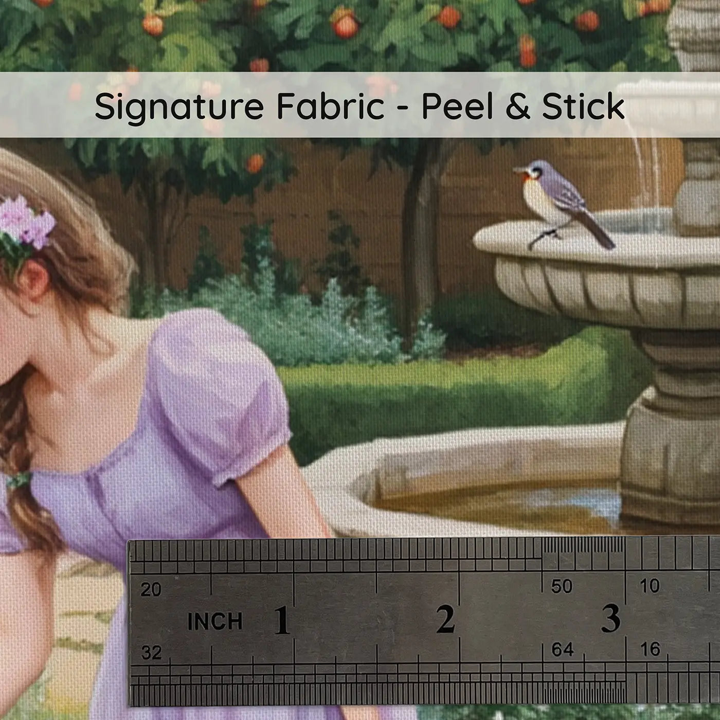 Fabric texture close-up of Princess Castle Garden Morning Wallpaper Mural by Whimsy Tots
