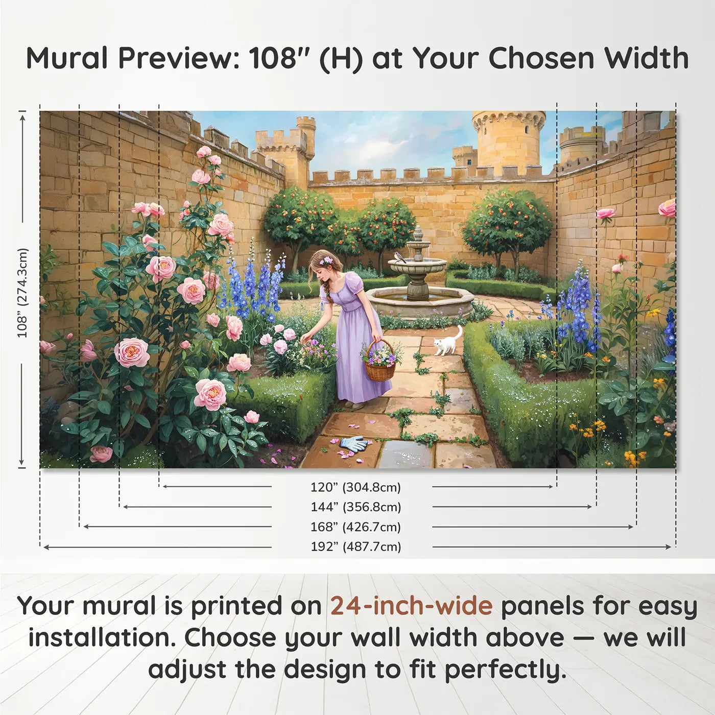Panel layout and dimensions for Princess Castle Garden Morning Wallpaper Mural by Whimsy Tots