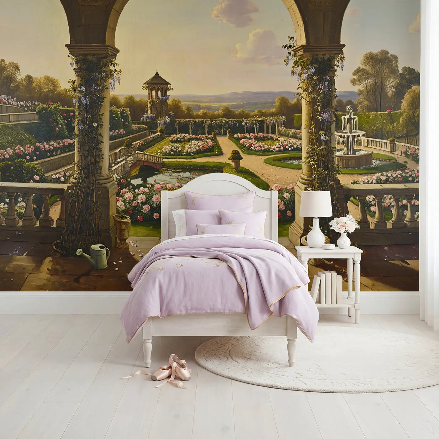 painted landscape castle garden archway roses wallpaper mural for girls room by Whimsy Tots