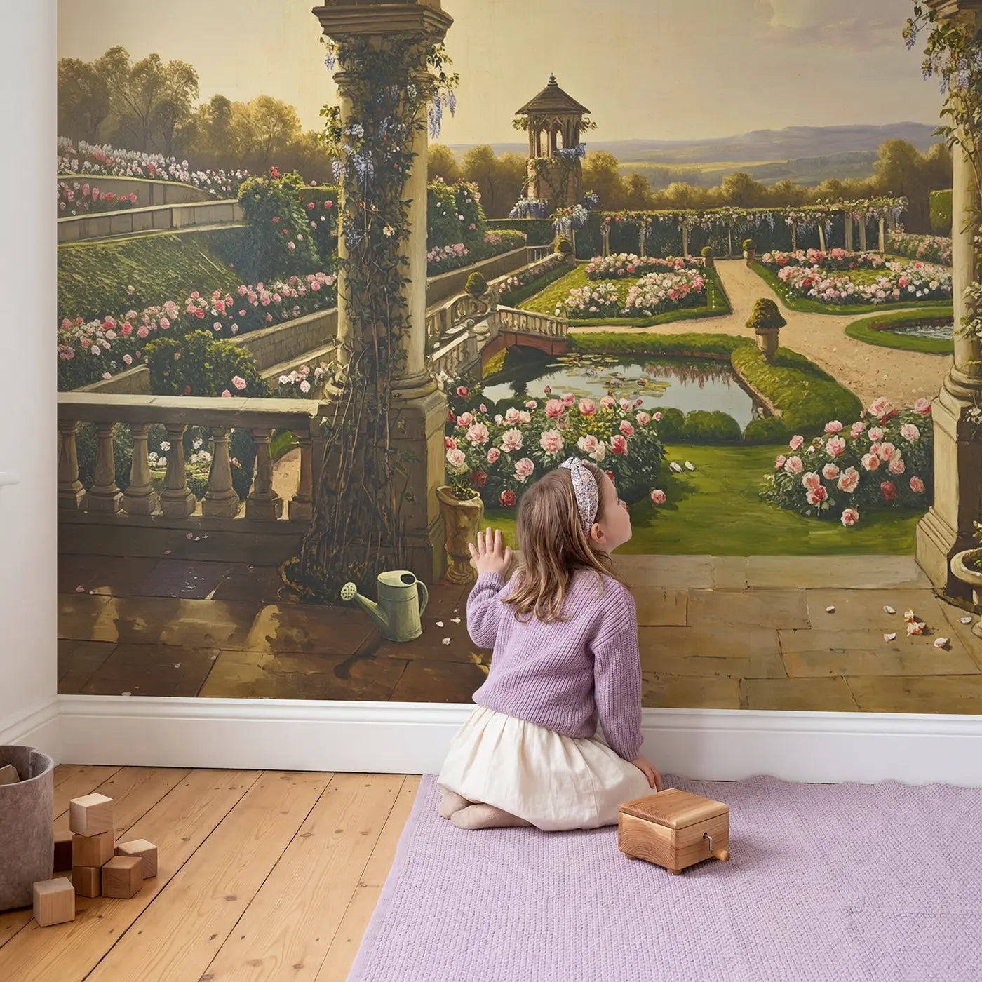 Child in nursery with Castle Garden Archway Wallpaper Mural by Whimsy Tots