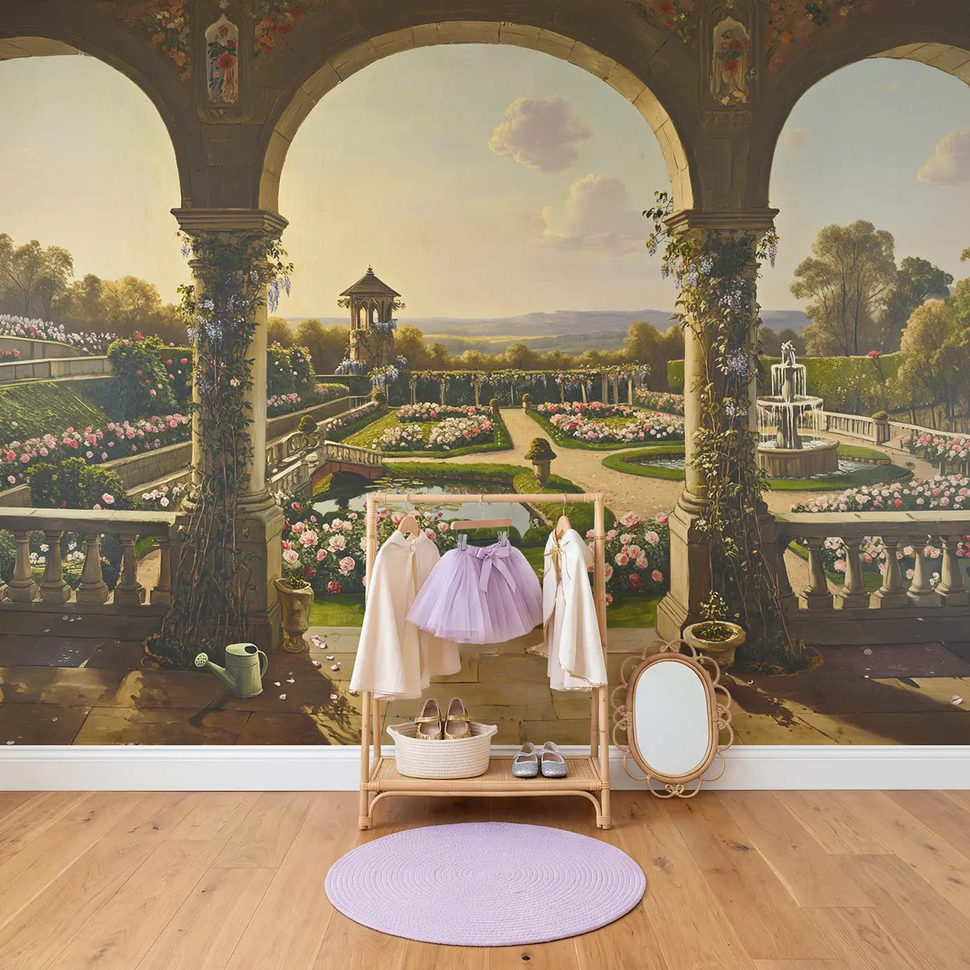Castle Garden Archway Wallpaper Mural in playroom setting by Whimsy Tots