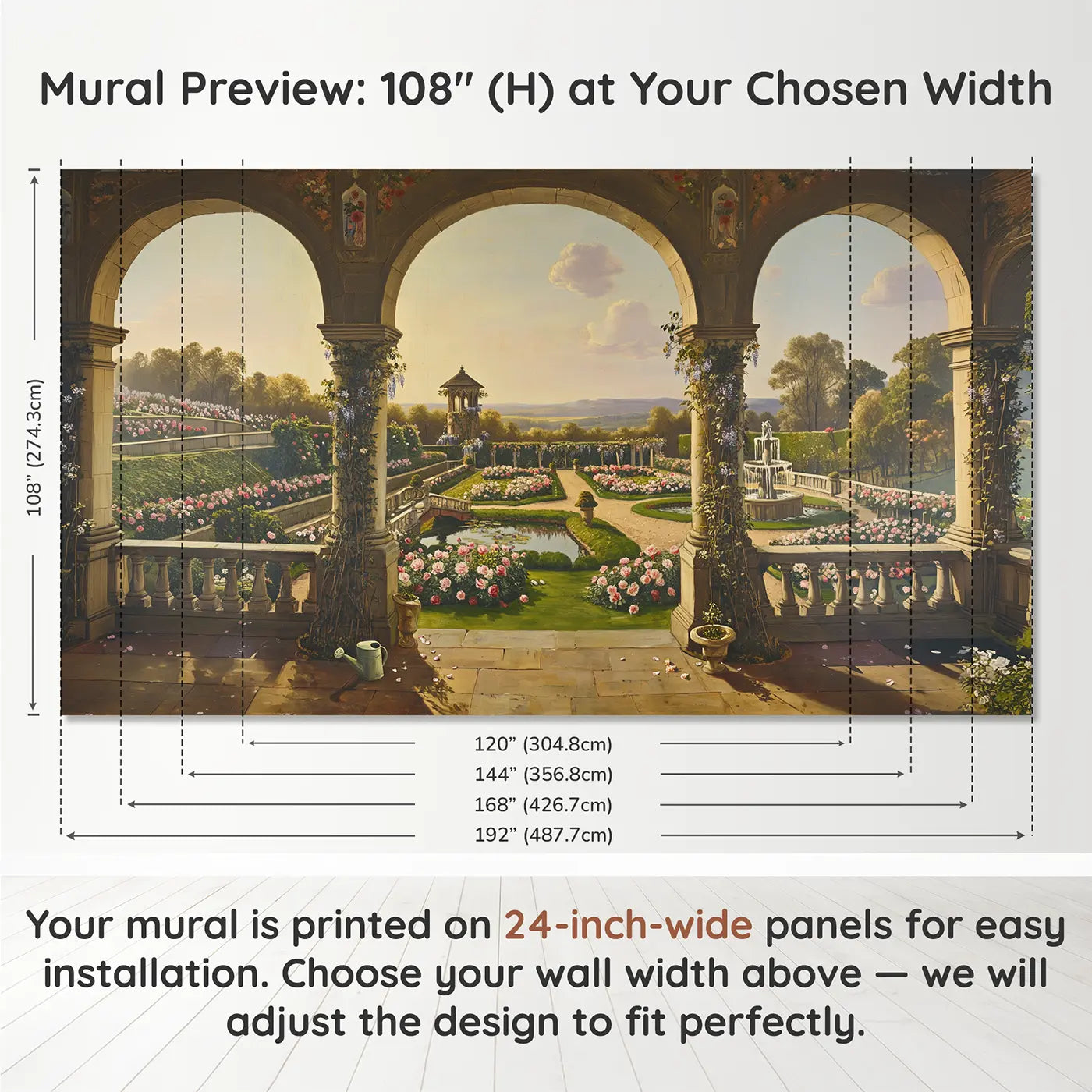 Panel layout and dimensions for Castle Garden Archway Wallpaper Mural by Whimsy Tots