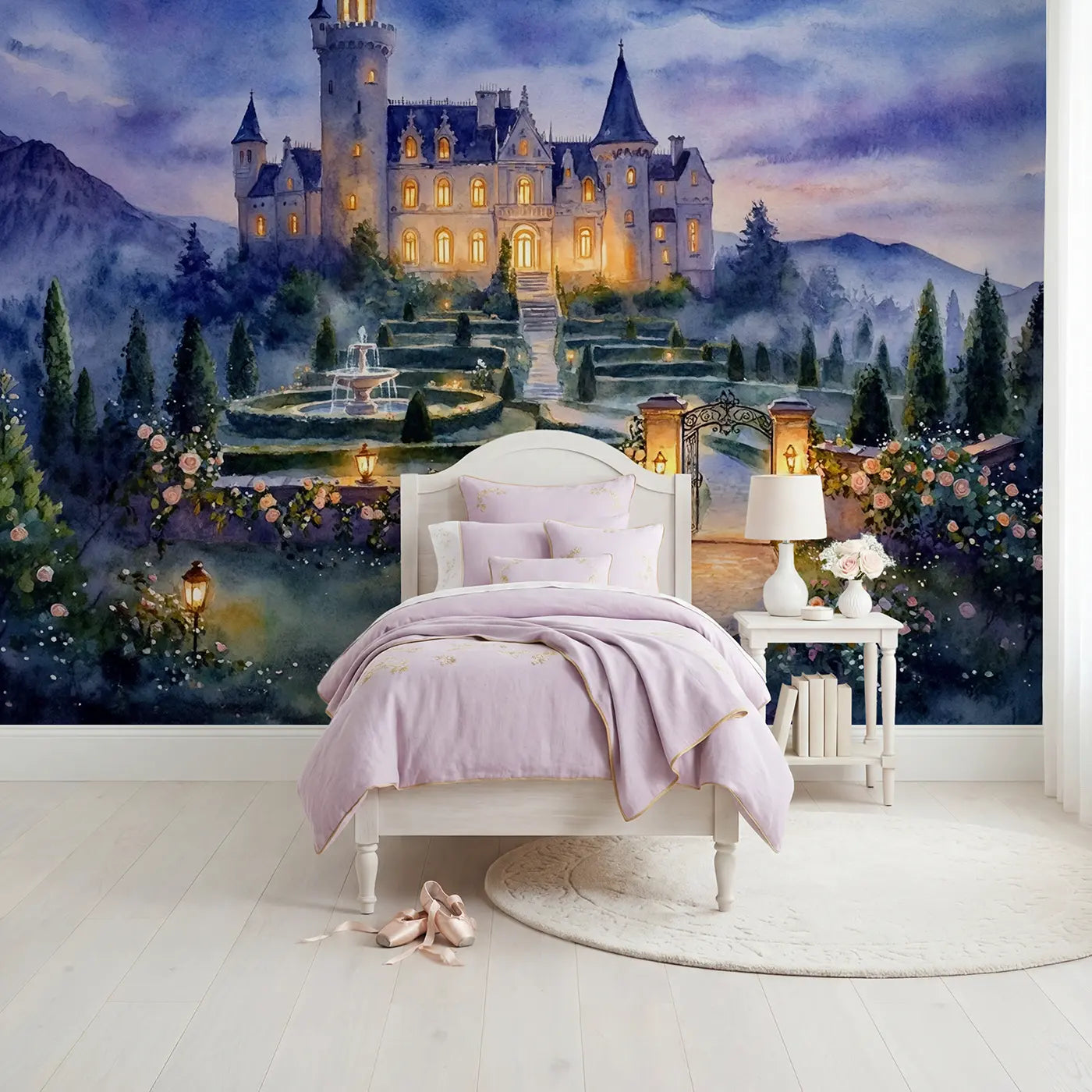 Watercolor moonlit castle garden wallpaper mural for girls room by Whimsy Tots